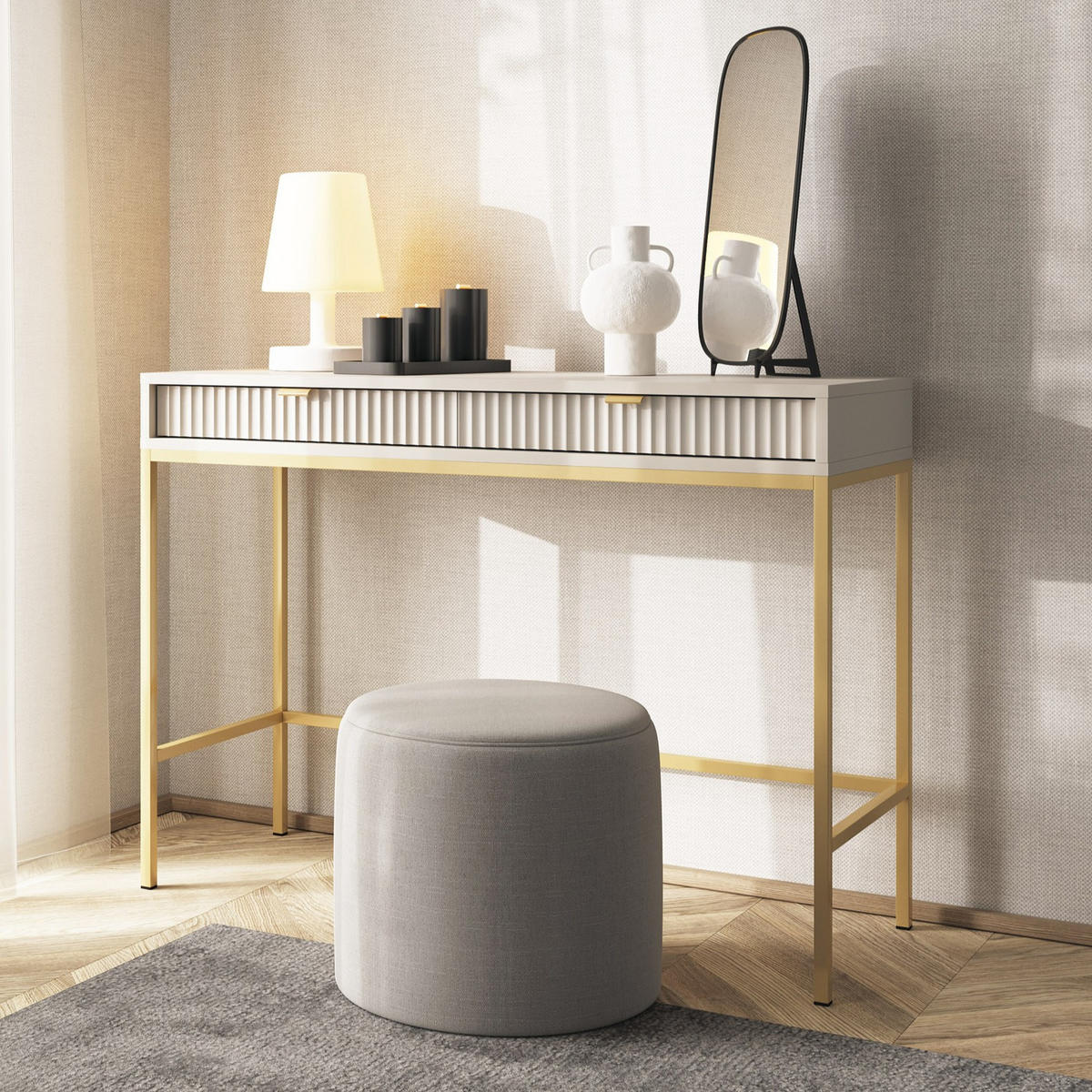 SCHMINKTISCH Kioto in Kaschmir und mit Metallbeinen - Kaschmir/Goldfarben, Holzwerkstoff/Metall (50/104/77cm) - Ravio