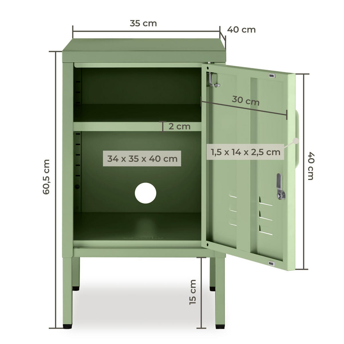 NACHTSCHRANK Baker, Kippschutz, höhenverstellbare Füße, salbeigrün - Salbeigrün, Metall (35/60.5/42.5cm) - tectake