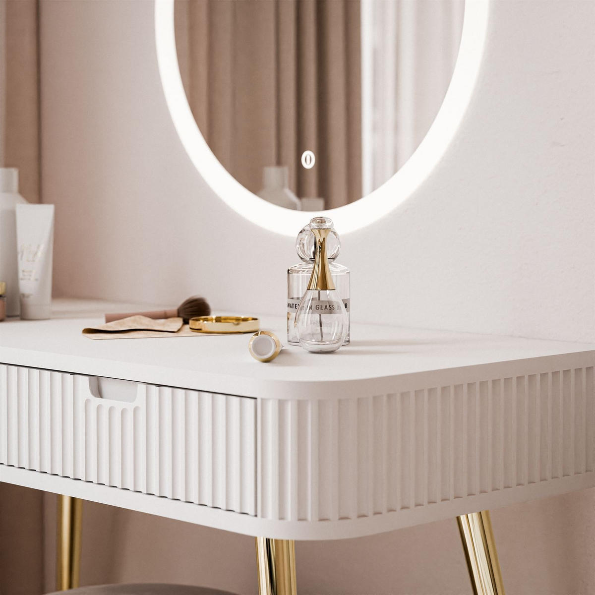 SCHMINKTISCH ZAIRA mit LED Spiegel Weiß - Weiß, Holzwerkstoff (103/80/49cm) - Lookway