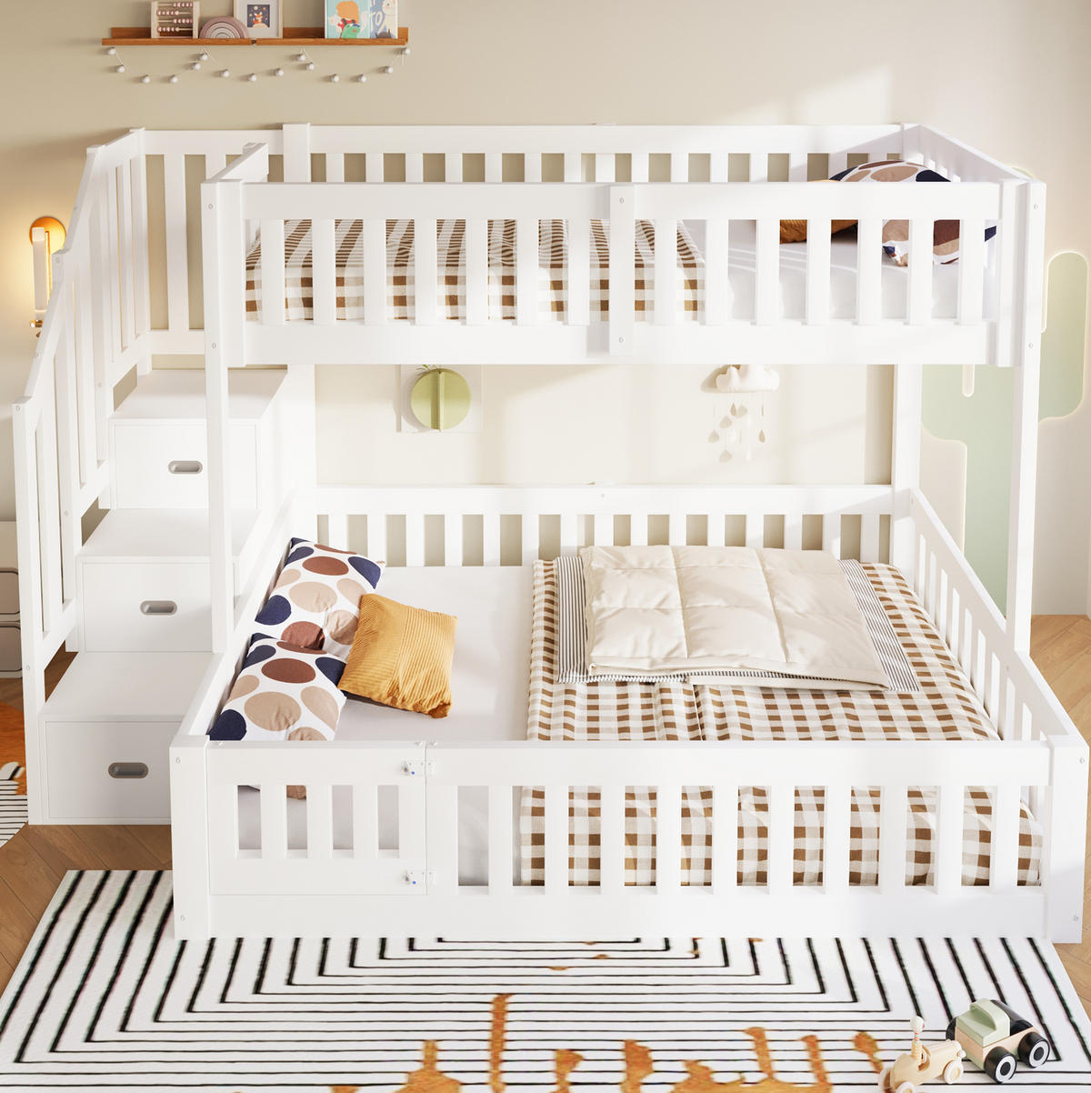 ETAGENBETT aus Kiefernholz und MDF 90x200/140x200 cm Weiß mit Stauraumtreppe - Weiß, Holzwerkstoff (90/200cm) - Modfu