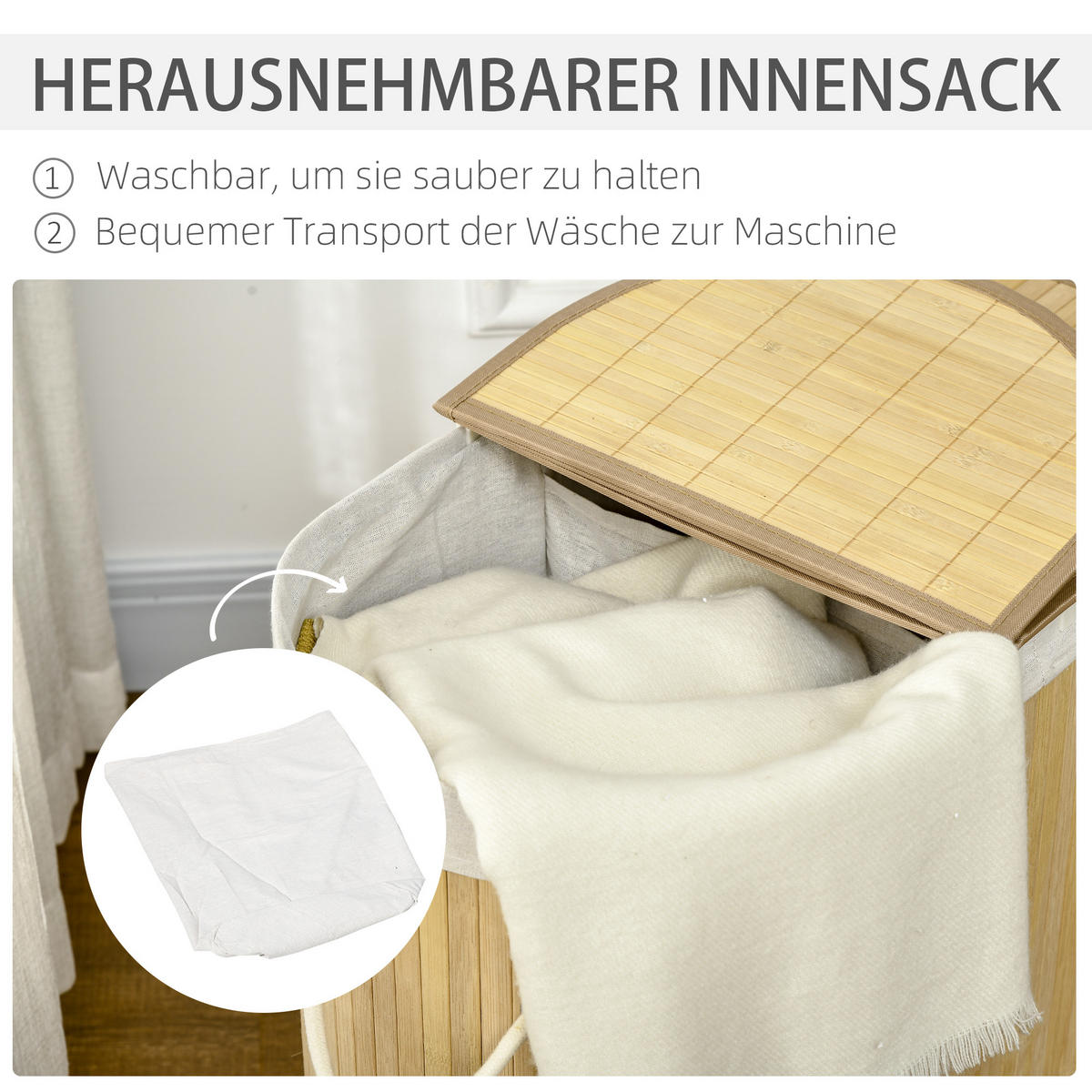WÄSCHEKORB, Bambus, Polyester, Naturholz - Naturfarben, Naturmaterialien (37/60.5/62.5cm) - HOMCOM