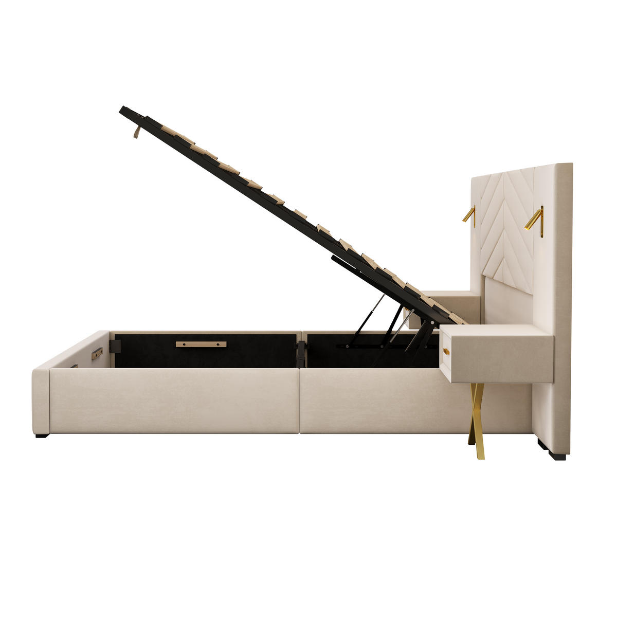 POLSTERBETT 160/200 cm Beige-Weiß mit 2 Bettbänke und 2 LED-Leuchten - Weiß, Holz (160/200cm) - Oxeza
