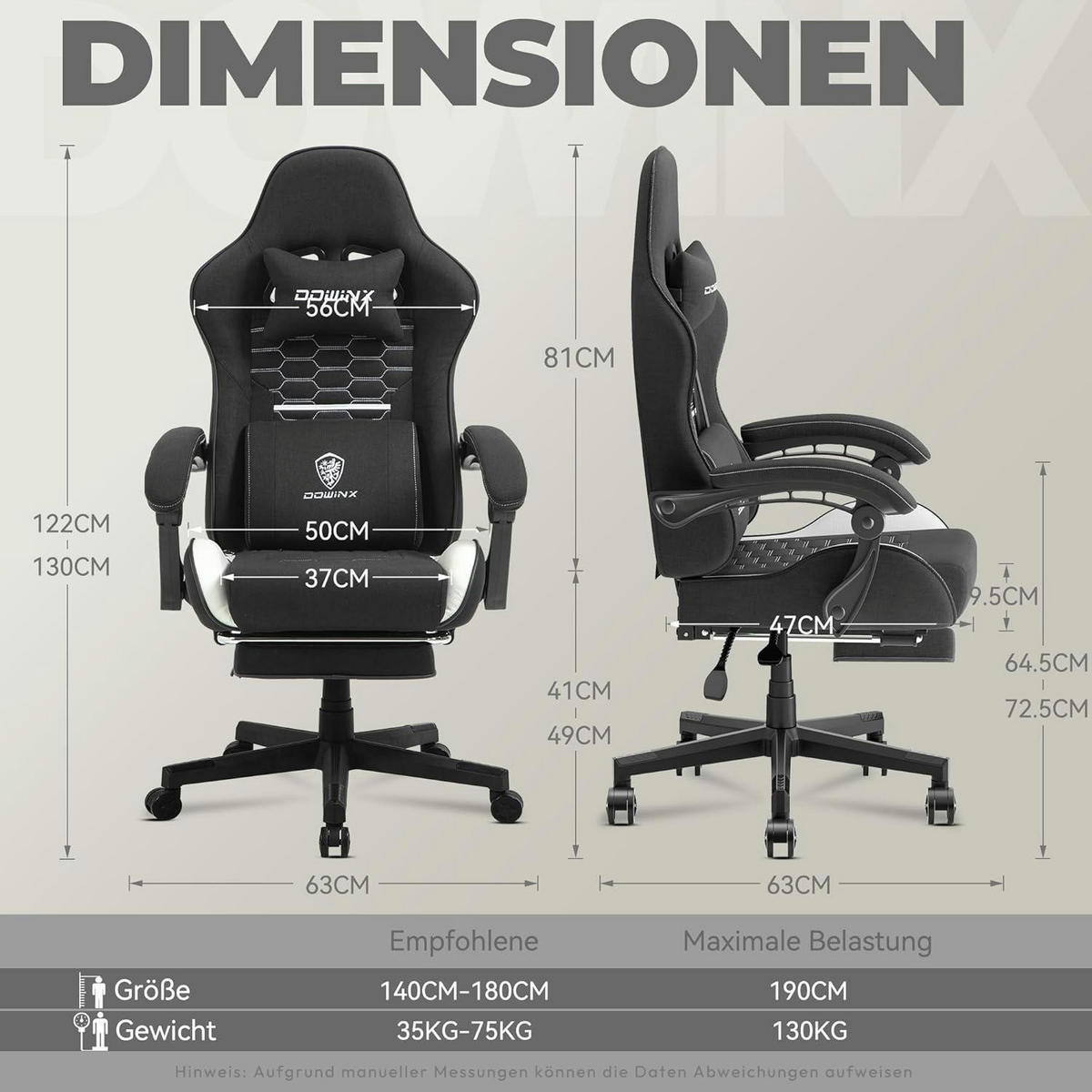 GAMING Stuhl mit Fußstütze Stoff Schwarz & Weiß - Multicolor, Textil (60/136/57cm)