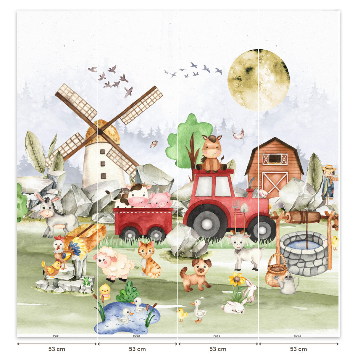KINDERTAPETE - Bauernhof - Traktor - Kinder - Tiere - 220x200 cm - Weiß, Papier (220/200cm) - OnlyWow