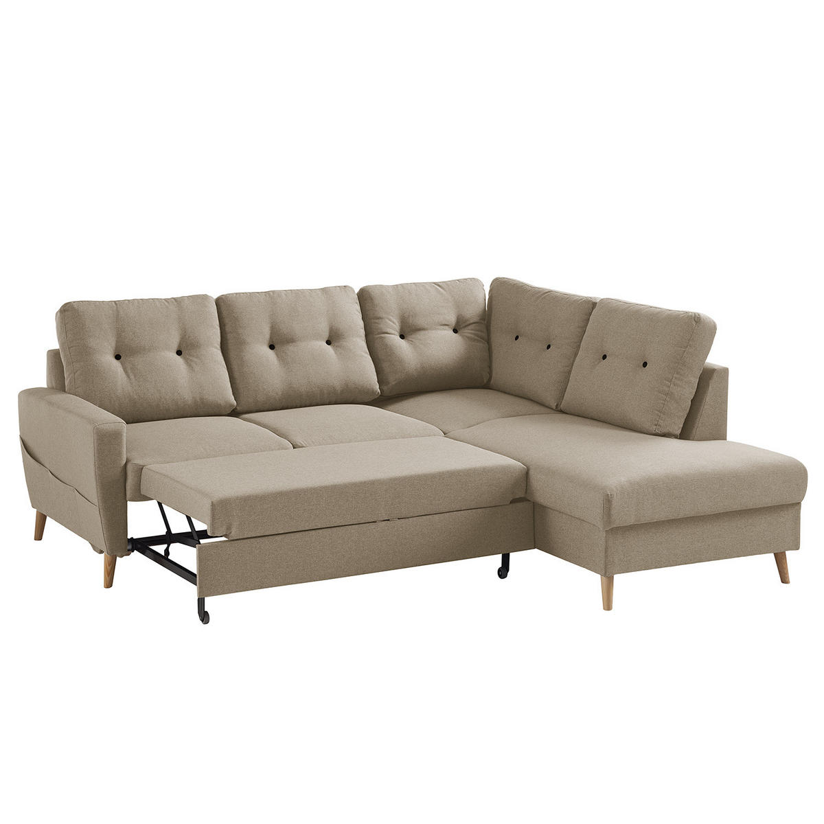 ECKSOFA mit Ottomane - Webstoff - Hellbraun/Cappuccino, Holz/Textil (230/200cm) - home24