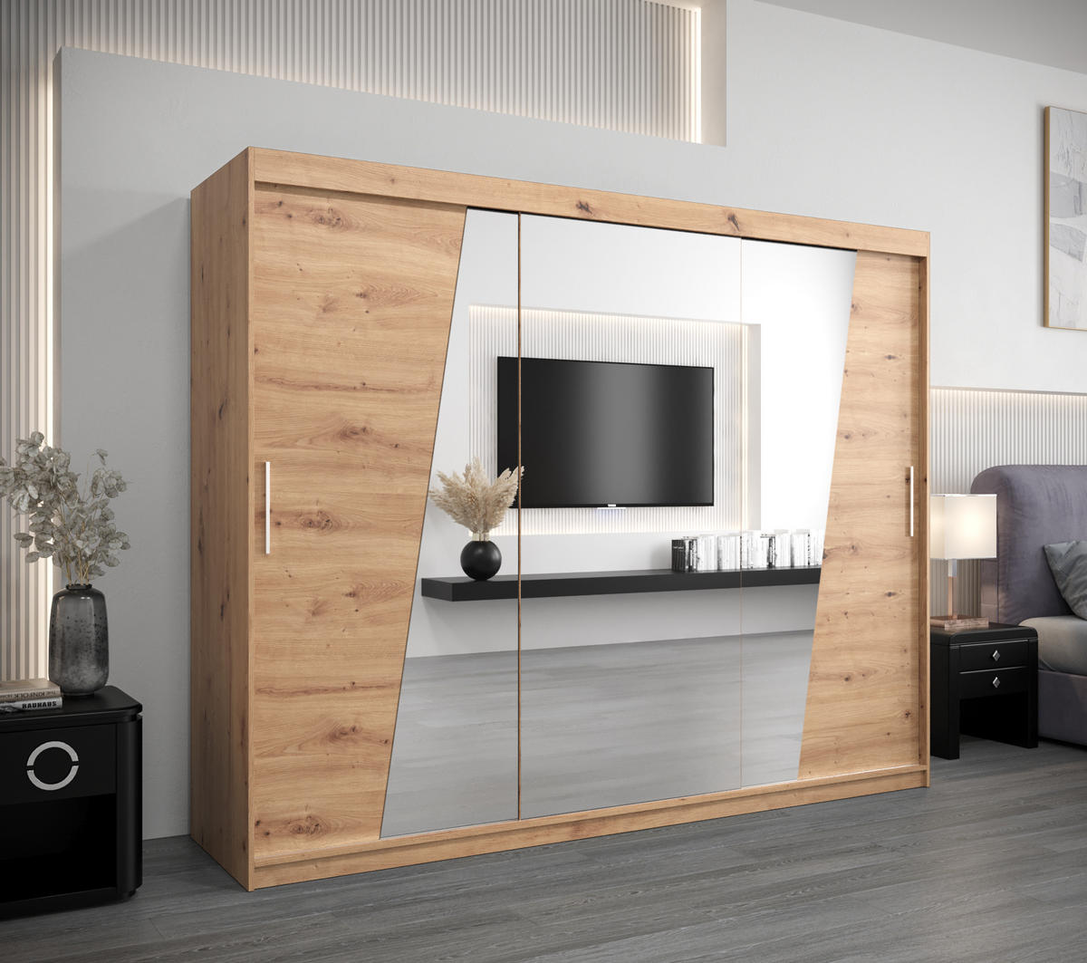 SCHWEBETÜRENSCHRANK 200/250/62 3-türig - Silberfarben/Eiche Artisan, Holz/Kunststoff (250/200/62cm) - MÖBEL KRYSPOL