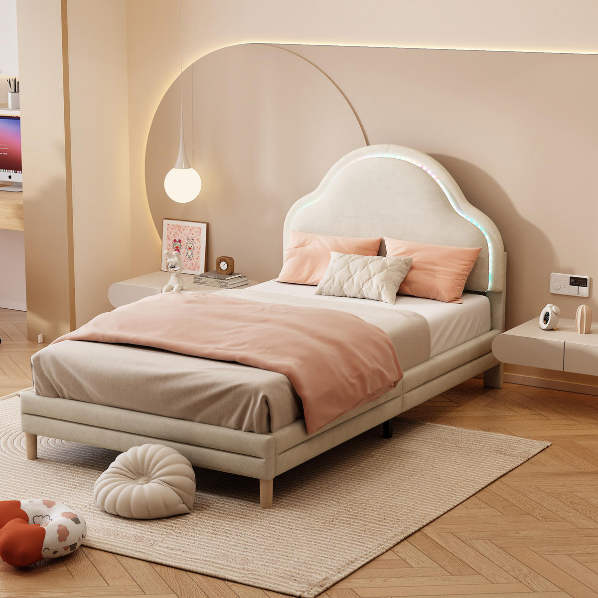 POLSTERBETT 90/200 cm aus Samt in Beige mit LED-Beleuchtung und Wolken-Kopfteil - Beige, Textil (90/200cm) - Flora Grace