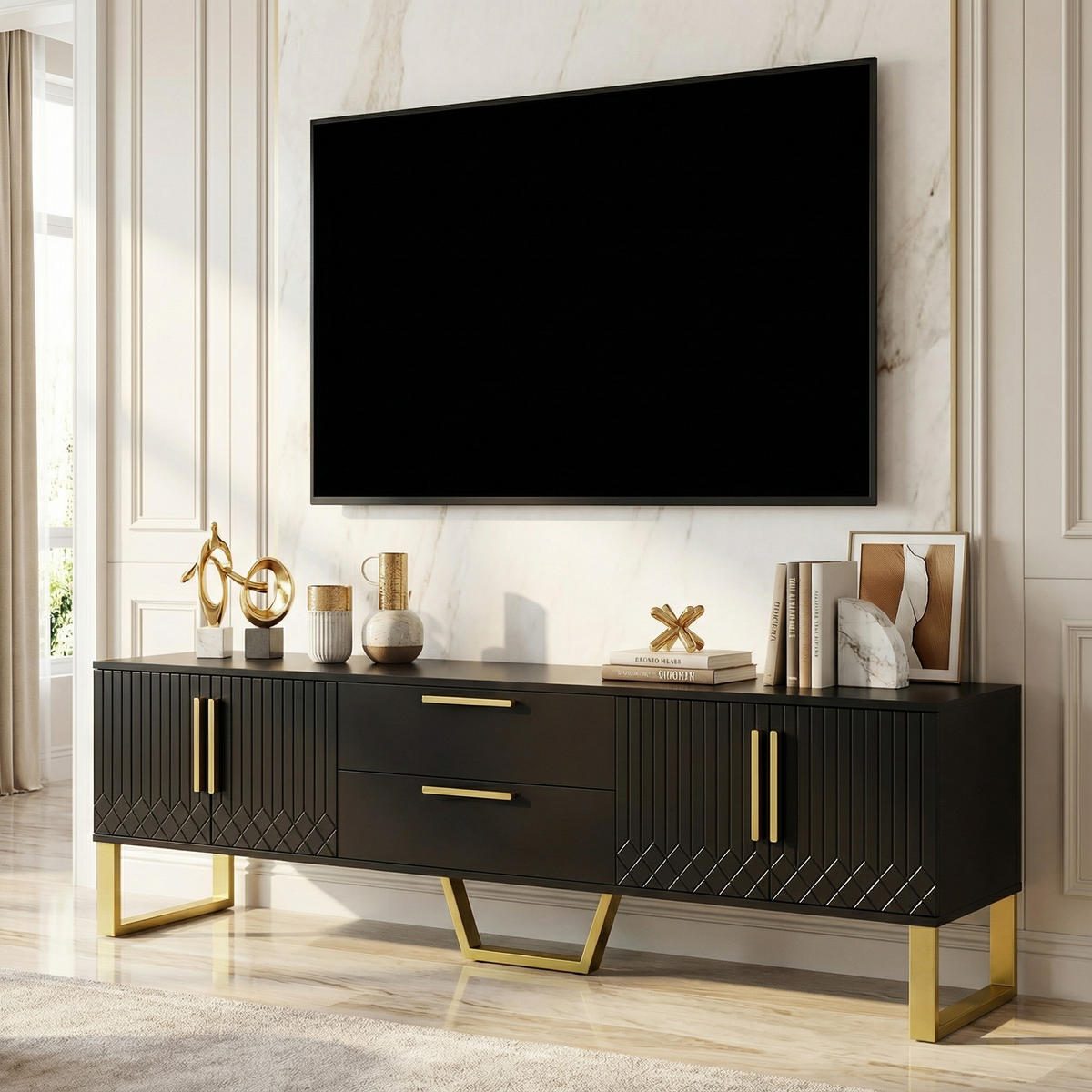 TV-SCHRANK 170 cm in Schwarz Hochglanz & Gold - Schwarz, Holzwerkstoff (170/53.5/40cm) - Urban Meuble