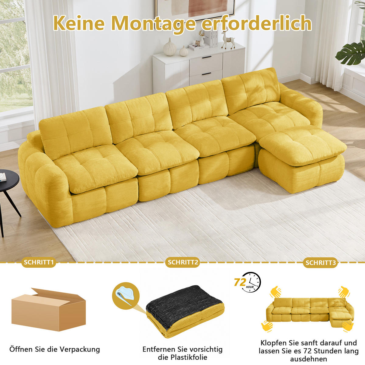 ECKSOFA 334/160/68 cm Gelb Chenille mit 1 Fußhocker - Gelb, Textil (334/160cm) - Oxeza