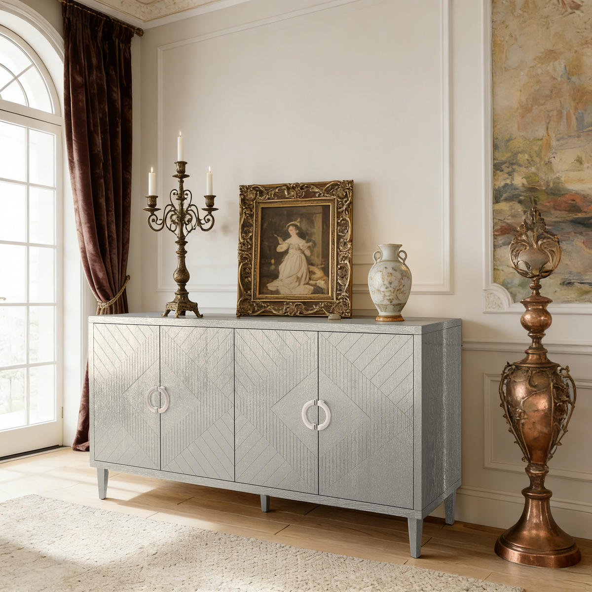 SIDEBOARD Champagner-Optik, 4 Türen mit Innenfächern, Strukturfronten und Ringgriffen, 152/40/82,5 cm - Silberfarben, Holzwerkstoff (152/82.5/40cm) - WISHDOR