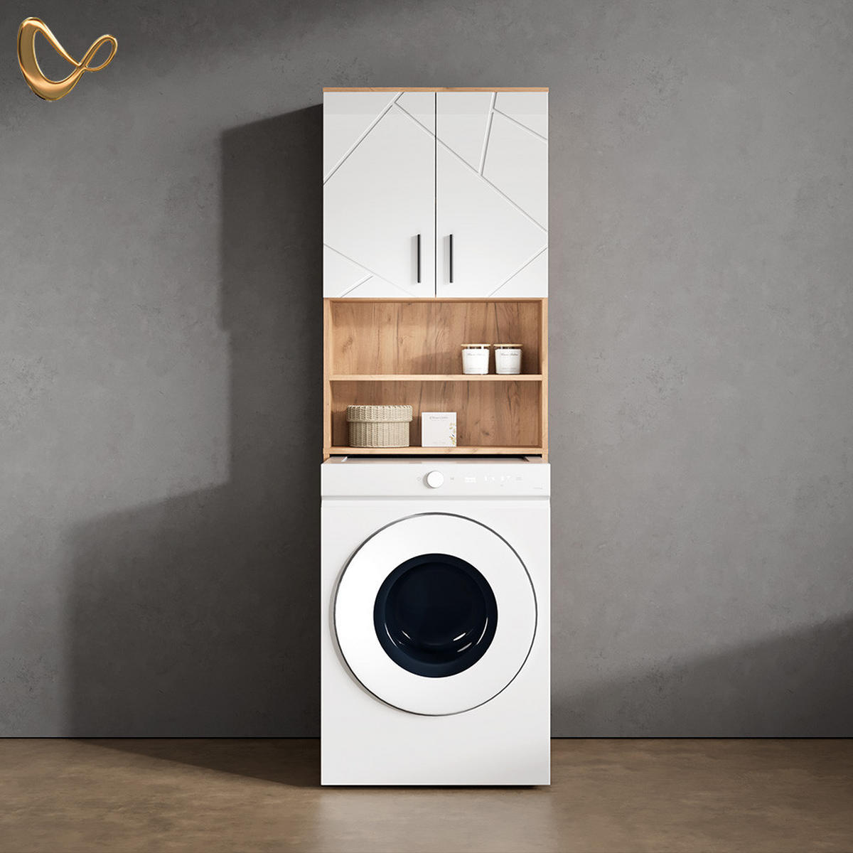 WASCHMASCHINENSCHRANK Ronco Weiß Hochglanz/Goldkraft Eiche 64 x 190.5 cm - Weiß Hochglanz/Eiche Wotan, Holzwerkstoff (64/190.5/26cm) - Livinity®