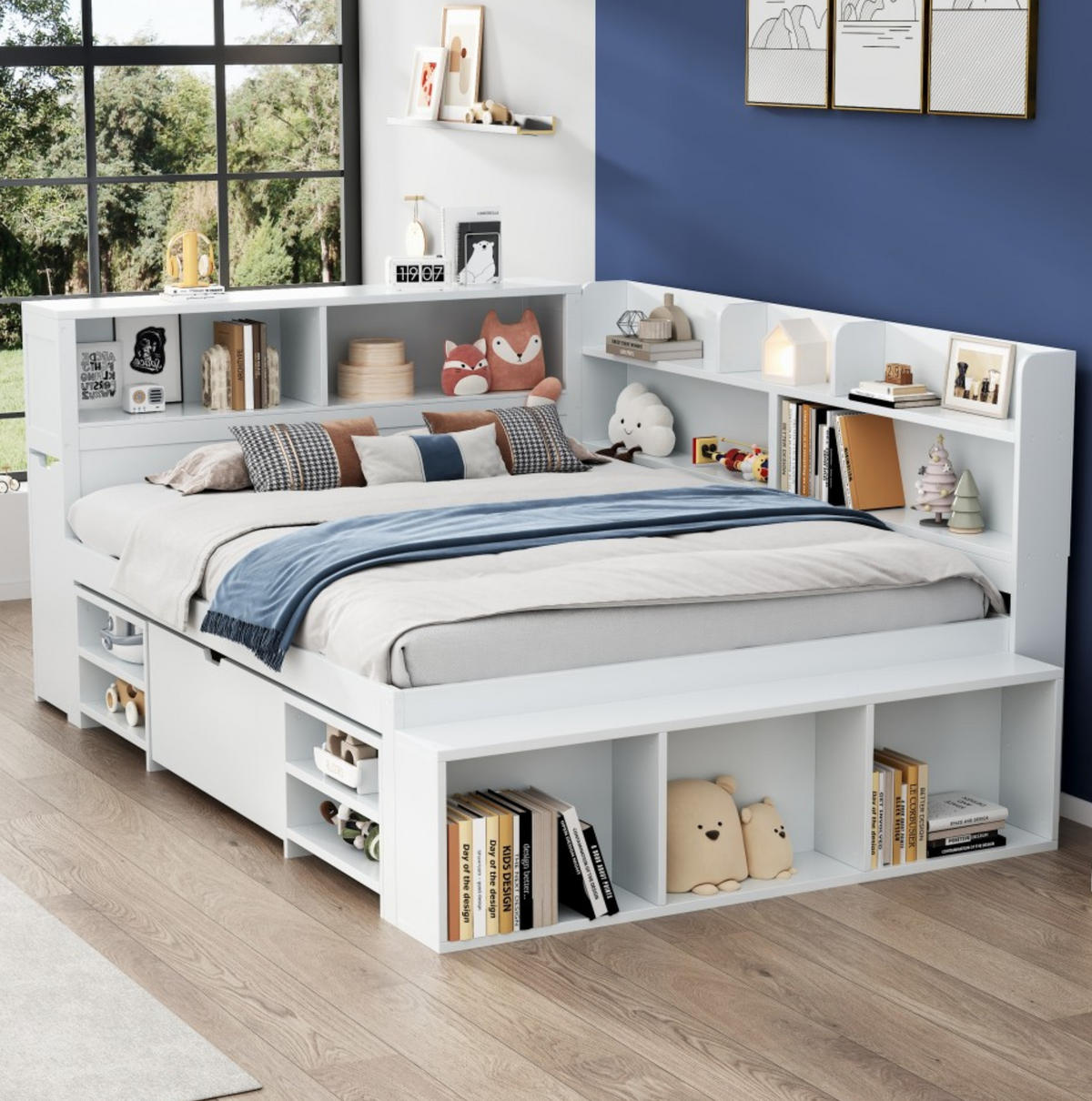 KINDERBETT 140/200 cm in Weiß mit Stauraum, Bücherregal und Lattenrost - Weiß, Holzwerkstoff (140/200cm) - BEAOK