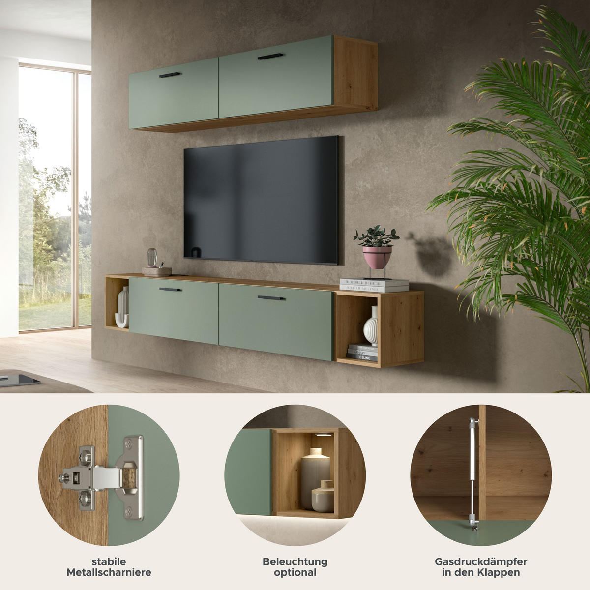 WOHNKOMBINATION THE ONE (B/H/T: ca. 202/184/34 cm) in Artisan Oak Nachbildung/Smoke Green - Eiche Artisan, Holzwerkstoff (202/184/34cm)