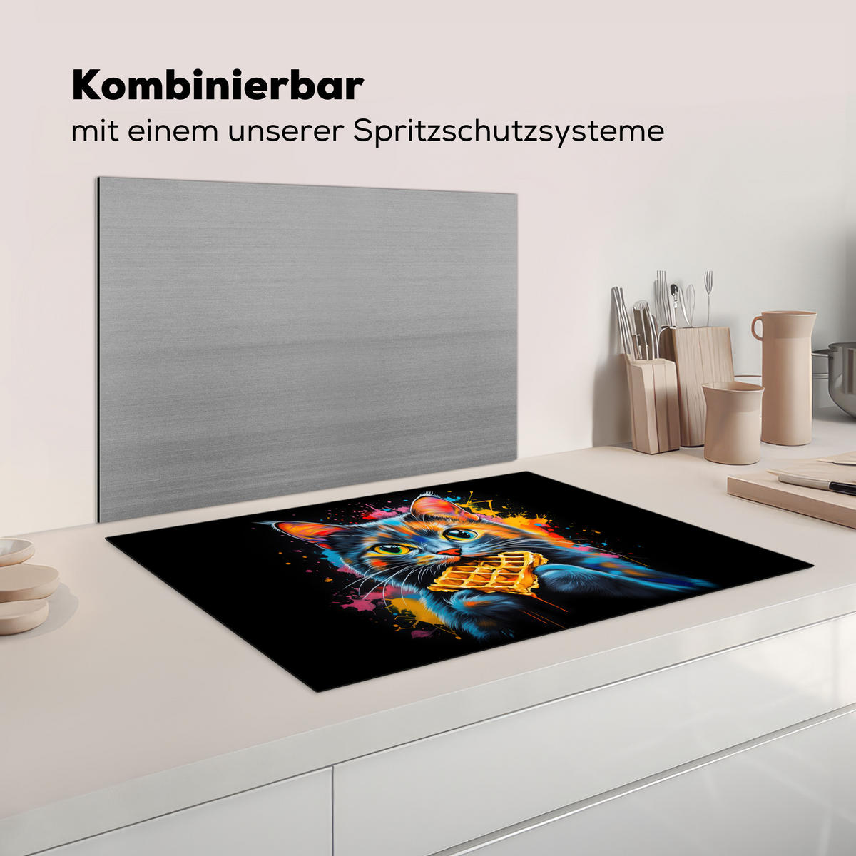 HERDABDECKPLATTE Katze - Graffiti - Bunt - Waffel - Essen Induktionsmatte 77x51 cm - Multicolor, Kunststoff (77/51/0.2cm) - MuchoWow