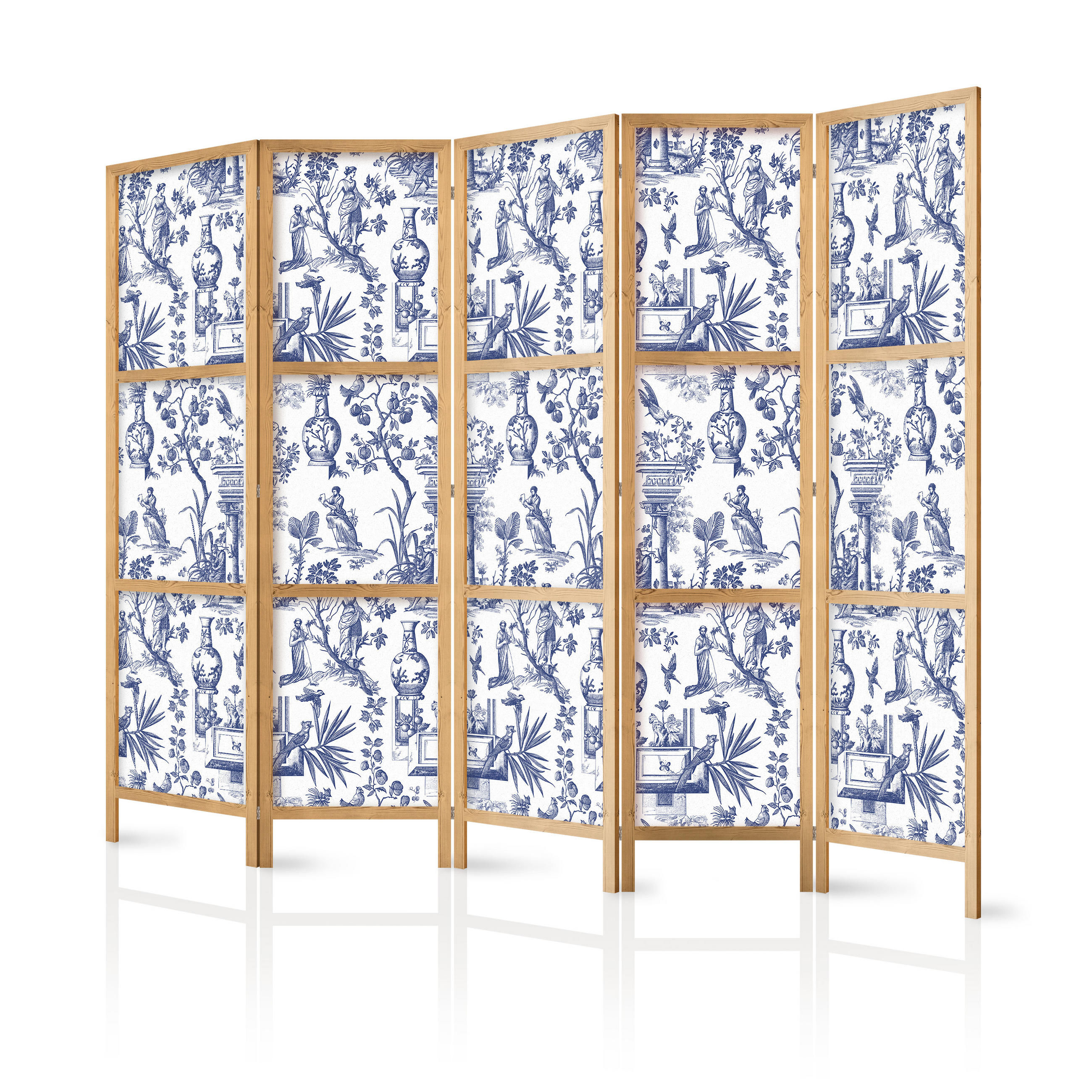 PARAVENT Japanischer 5-tlg 225x172 cm Rom Botanik - Blau, Holz/Textil (225/172/3cm) - Muralo