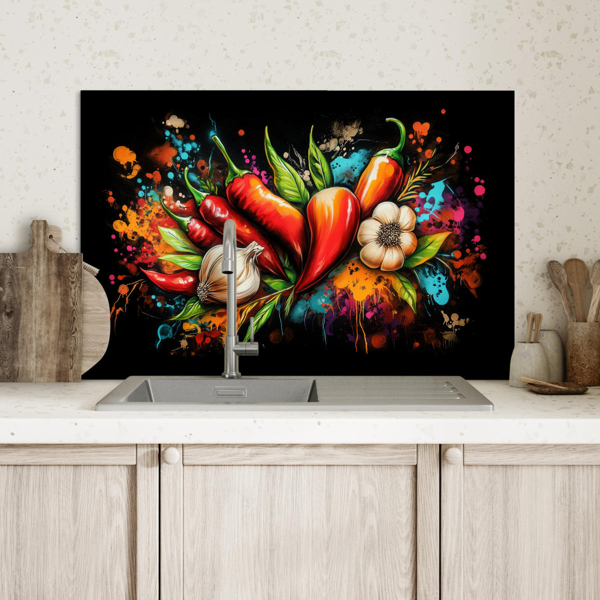 SPRITZSCHUTZ KÜCHE Gemüse - Paprika - Knoblauch - Graffiti - Farbe - Bunt 60x40 cm - Rot, Metall (60/0.3/40cm) - MuchoWow