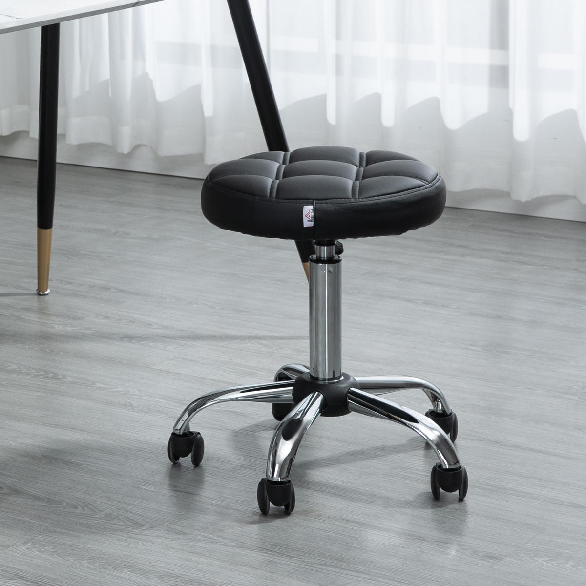 ROLLHOCKER Höhenverstellbarer Arbeitshocker, Drehbarer Salon Hocker für Büro - Schwarz, Leder (35.5/67/35.5cm) - HOMCOM
