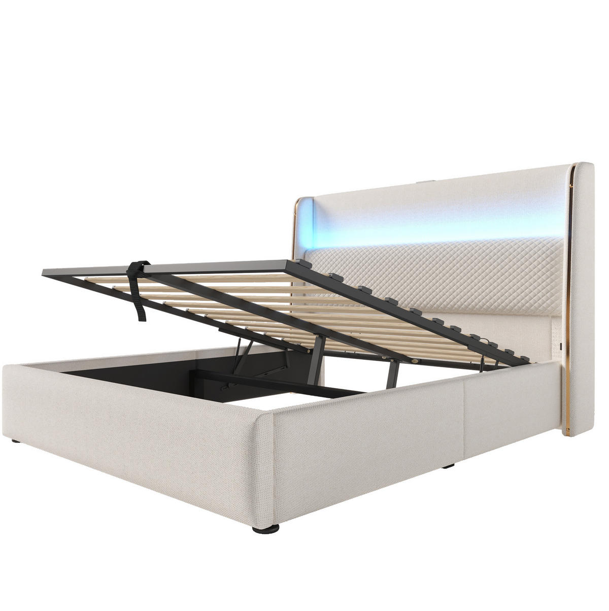 ČALÚNENÁ posteľ 160/200 cm béžová s LED, USB a úložným priestorom z ľanovej tkaniny - béžová, textil (160/200cm) - OKWISH