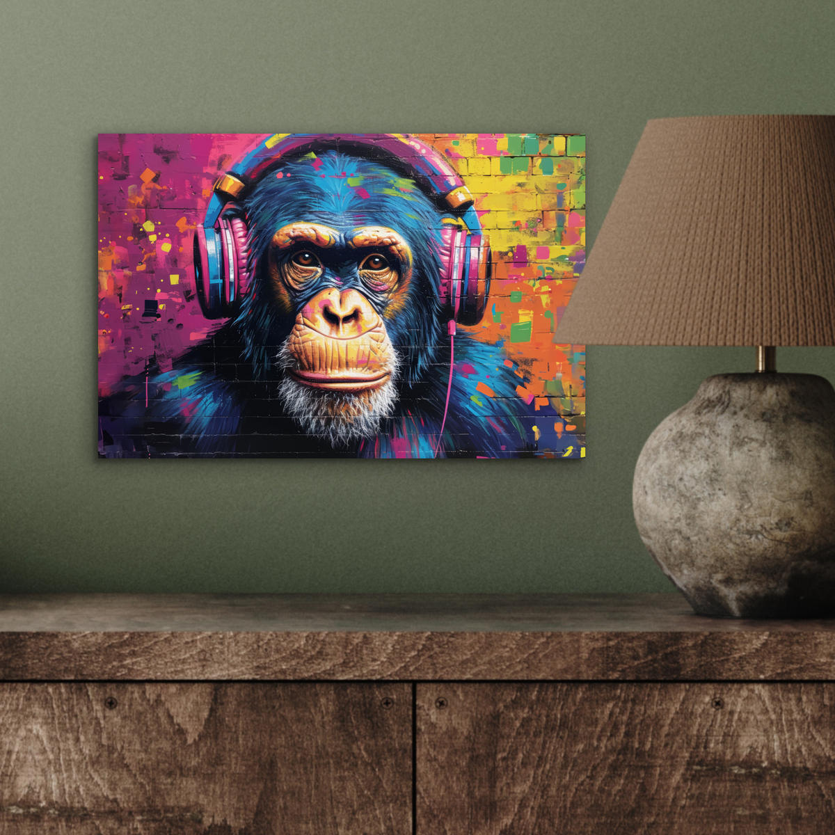KOVOVÝ OBRAZ Graffiti - Šimpanz - Street art - Slúchadlá - Opica 30x20 cm - modrá, kov (30/20cm) - MuchoWow
