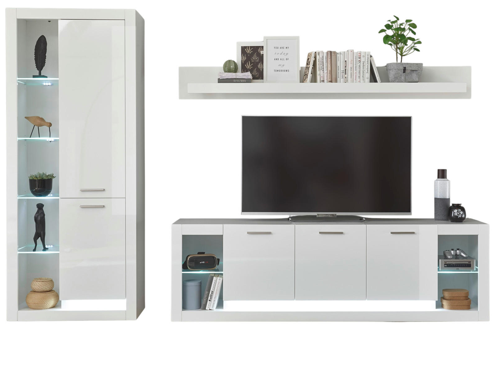 WOHNWAND 3-teilig weiß Hochglanz 298 cm, Schrankwand modernes Design - Weiß Hochglanz/Silberfarben, Glas/Holzwerkstoff (298/198/43cm) - Furn.Design