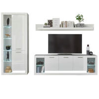 WOHNWAND 3-teilig weiß Hochglanz 298 cm, Schrankwand modernes Design - Weiß Hochglanz/Silberfarben, Glas/Holzwerkstoff (298/198/43cm) - Furn.Design