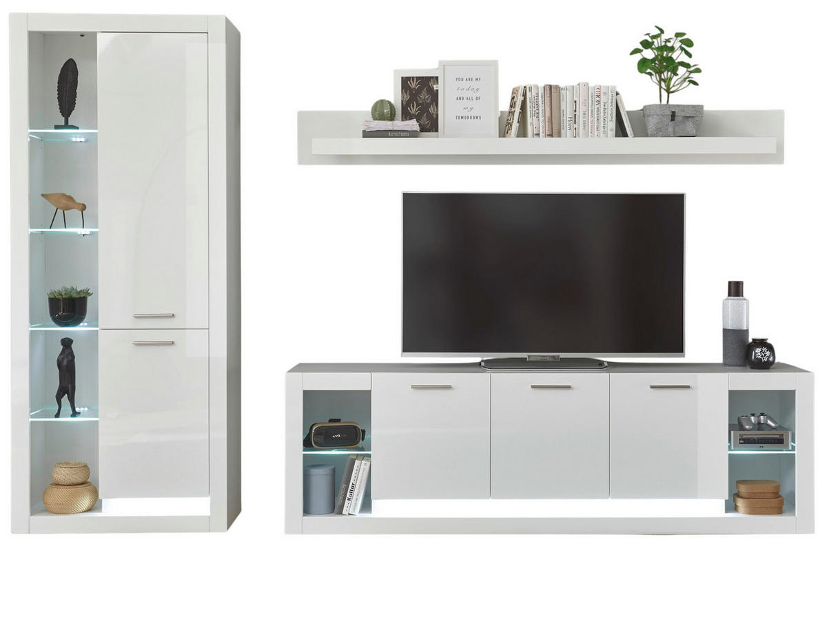 WOHNWAND 3-teilig weiß Hochglanz 298 cm, Schrankwand modernes Design - Weiß Hochglanz/Silberfarben, Glas/Holzwerkstoff (298/198/43cm) - Furn.Design