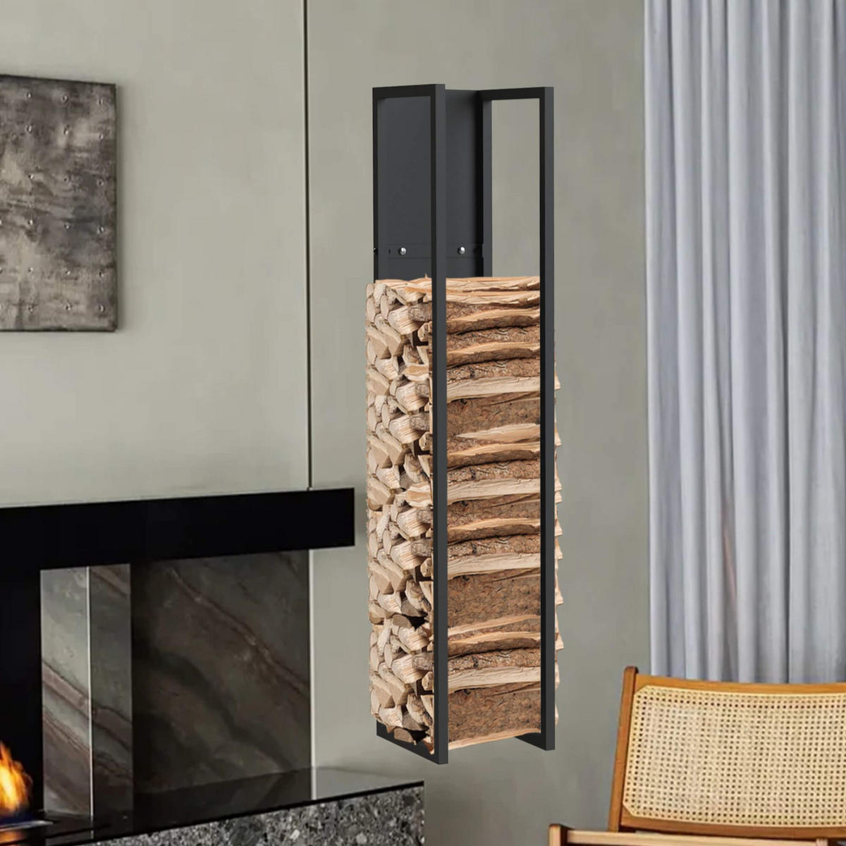 KAMINHOLZREGAL Wand Metall Schwarz 25/25/120 cm - Schwarz, Metall (25/120/25cm) - DanDiBo