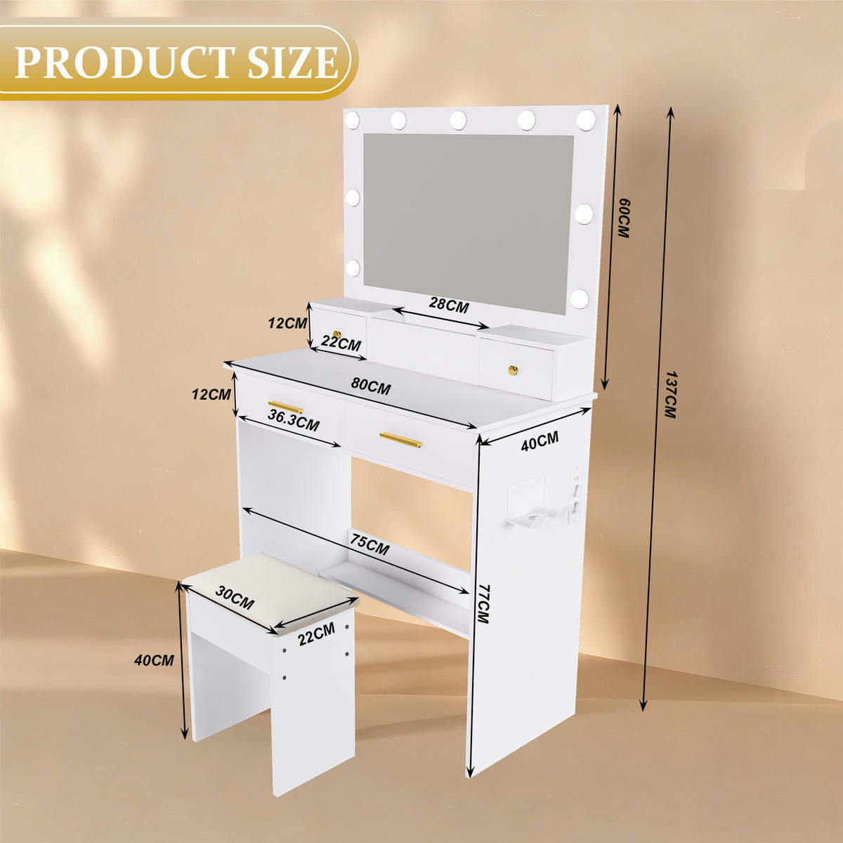 SCHMINKTISCH in Weiß Frisiertisch mit LED 3-stufig Steckdose Föhnhalter 4 Schubladen Stauraum Hocker , B80/T40/H137cm - Weiß, Glas/Holzwerkstoff (80/137/40cm) - STILVORA