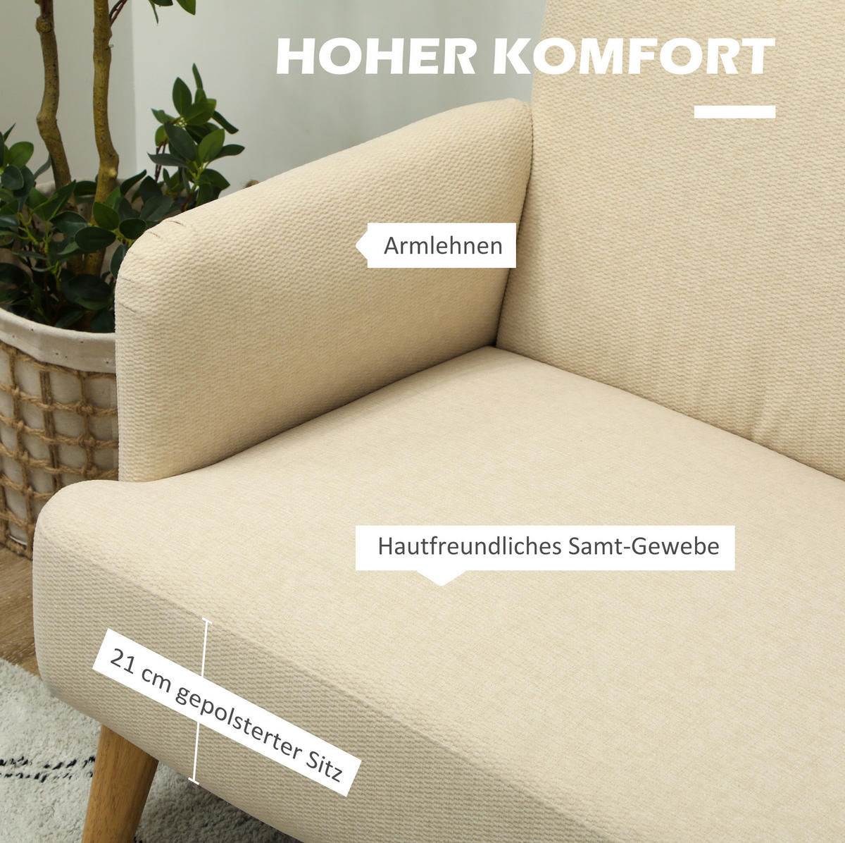 SOFA 2-Sitzer Samt 130 x 74 x 79 cm Cream White - Weiß, Holzwerkstoff (130/79/74cm) - Meubliv