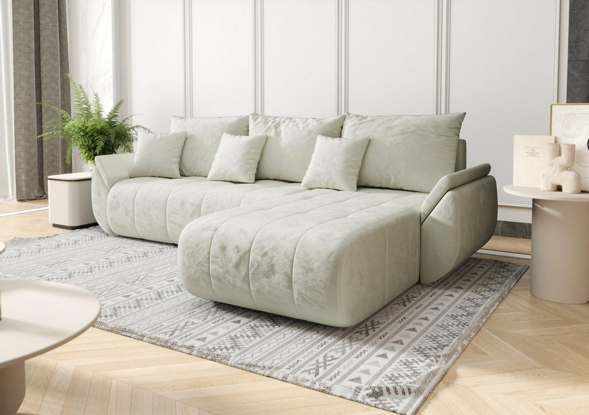 ECKSOFA Romuldi mit Schlaffunktion, Creme Samt, rechtsseitig - Creme/Schwarz, Kunststoff/Textil (185/280cm) - Selsey