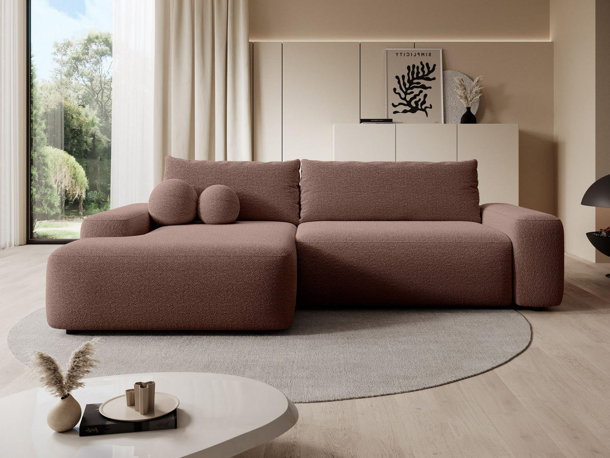 ECKSOFA RUOTA Braun Boucle-Stoff mit Schlaffunktion - Braun, Holz (264/162cm) - MASSENO