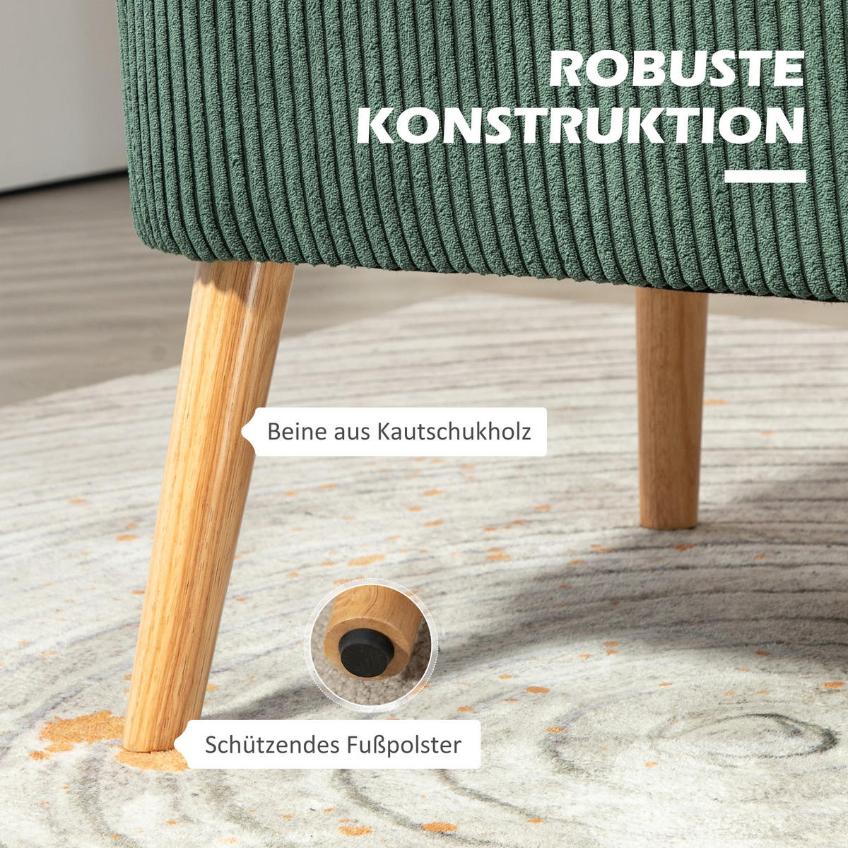2 Sitzer Sofa, Gepolsterte Couch mit Kordoptik, Holzbeine für Wohnzimmer, Grün - Naturfarben/Grün, Holz/Textil (56.5/77/117cm) - HOMCOM