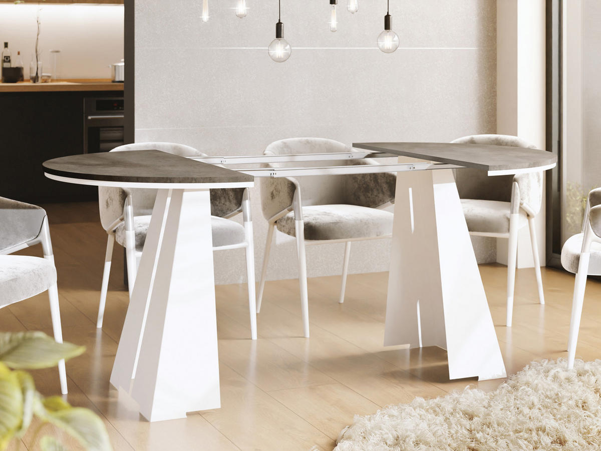 ESSTISCH Kova runder ausziehbarer, Dunkelgrauer Chicago Beton 120-200/120/76 cm - Dunkelgrau/Weiß, Holzwerkstoff/Metall (120/120/76cm) - WFL GROUP