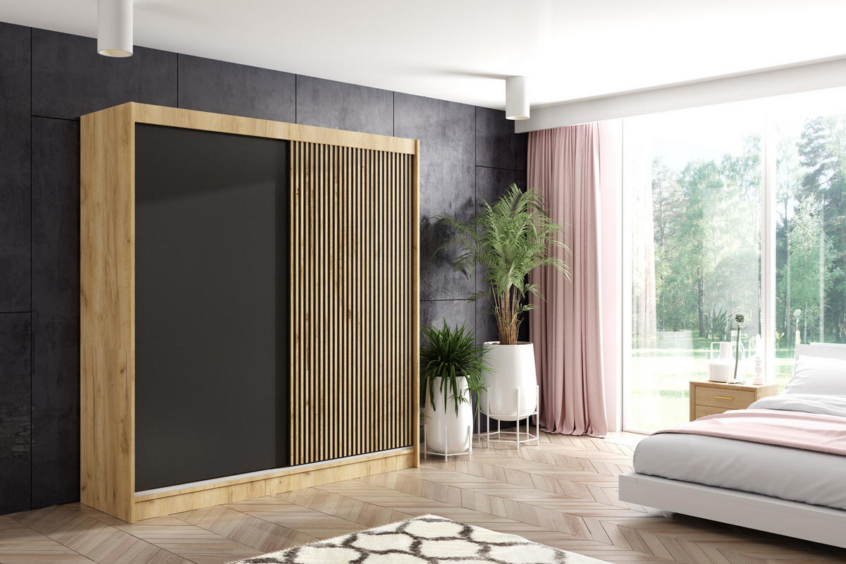 KLEIDERSCHRANK VILAN mit Lamel/LED - 200 cm - Eichefarben|Eiche Wotan - Eichefarben/Eiche Wotan, Holzwerkstoff (200/215/61cm) - ALTDECOR