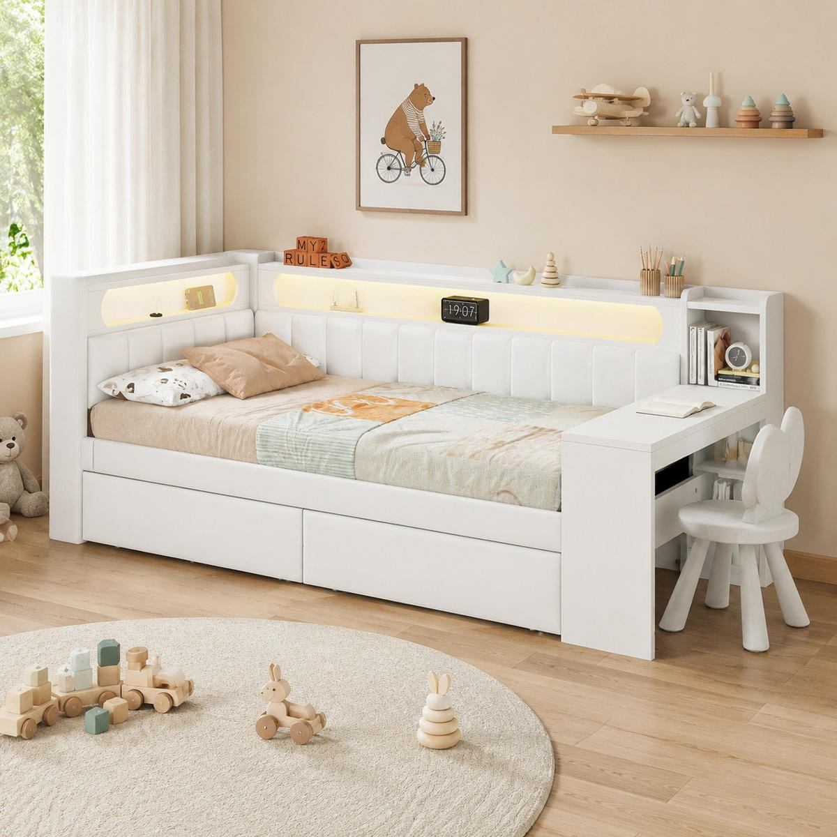 JUGENDBETT 90/200 mit LED, Schreibtisch und 2 Schubladen in Weiß - Weiß, Holzwerkstoff/Textil (90/200cm) - EVRYAE