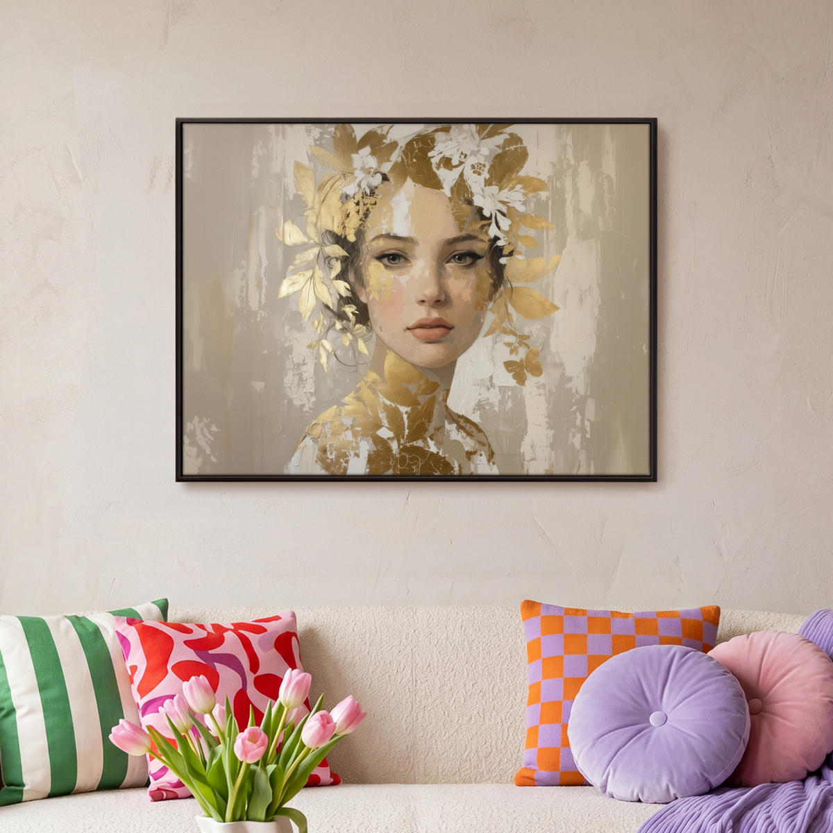 LEINWAND Bilder mit Rahmen - Gesicht - Frau - Blätter - Gold - 80x60 - Beige, Textil (80/60cm) - MuchoWow