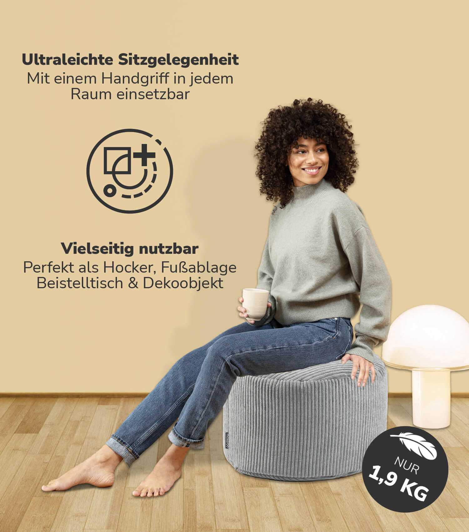 POUF Cord Der Faule Lenz - Grau, Textil (60/40/60cm) - Mokebo