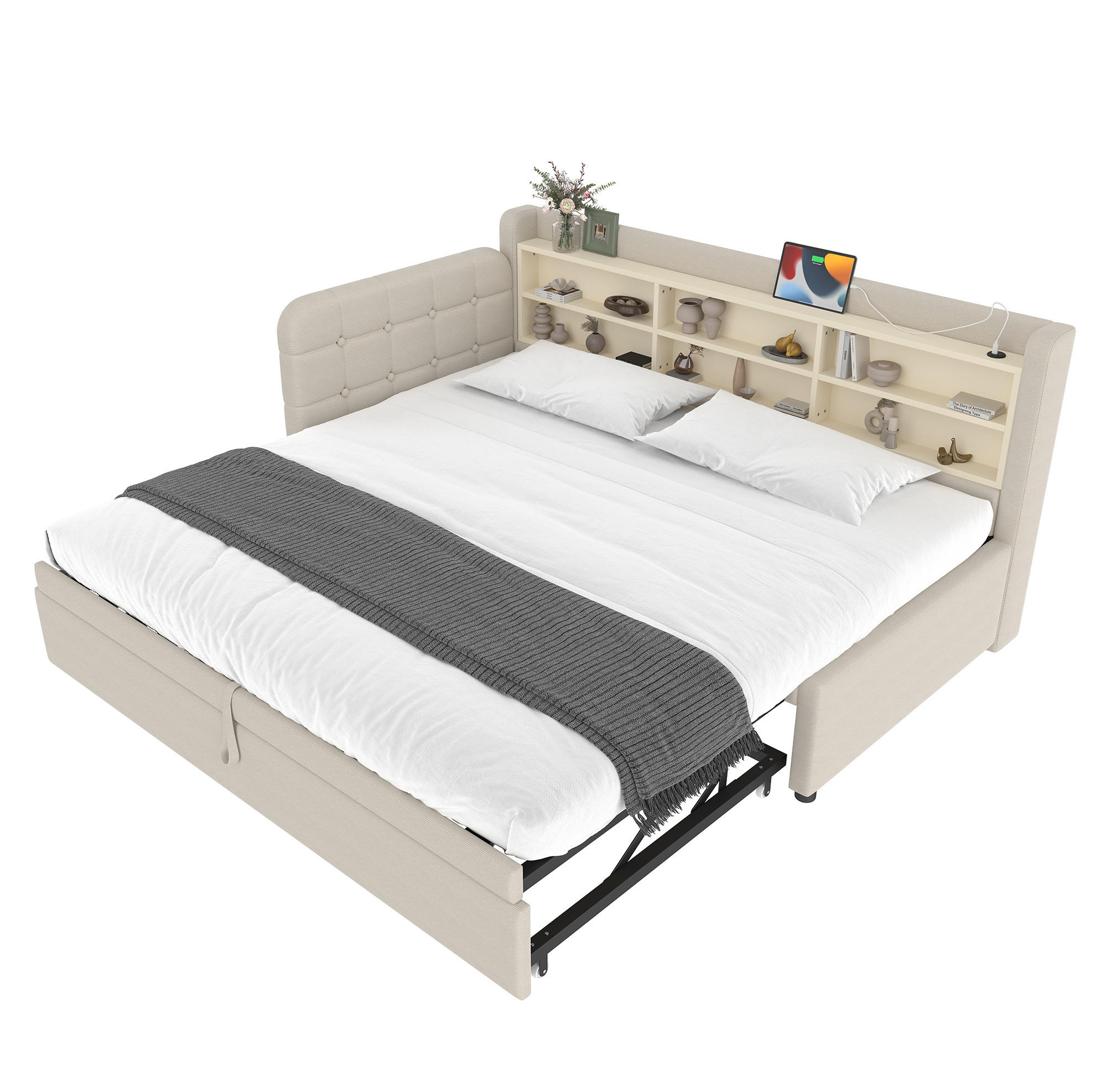 OKWISH DENNÍ postel 90/200 cm béžová z lnu a MDF s výsuvným lůžkem, USB a úložnými policemi