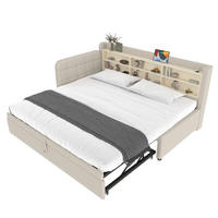 DENNÍ postel 90/200 cm béžová z lnu a MDF s výsuvným lůžkem, USB a úložnými policemi - béžová, textil (90/200cm) - OKWISH
