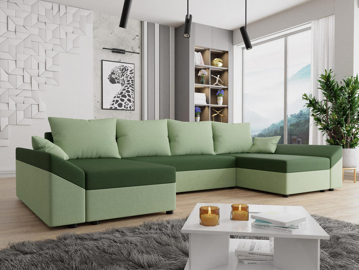WOHNLANDSCHAFT Dante U - Schwarz/Grün, Holz/Kunststoff (310/82/140cm) - MIRJAN24