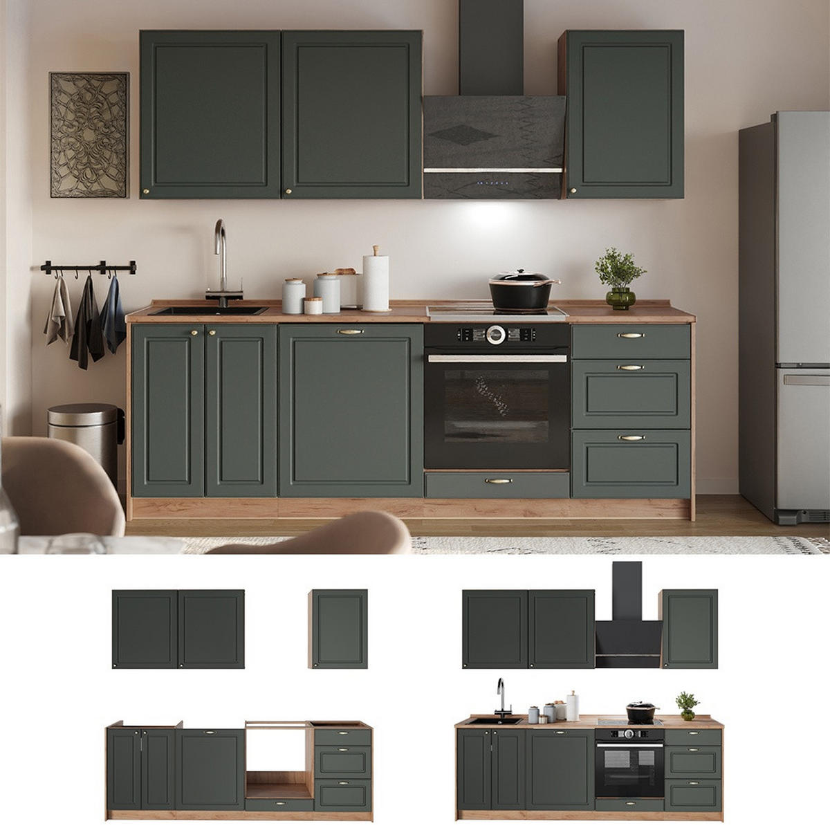 KÜCHENZEILE Fame-Line, Grün-Gold Landhaus/Goldkraft Eiche, 230 cm, AP Marmor - Honigeiche/Grün, Holzwerkstoff (230/206.8/60cm) - Vicco