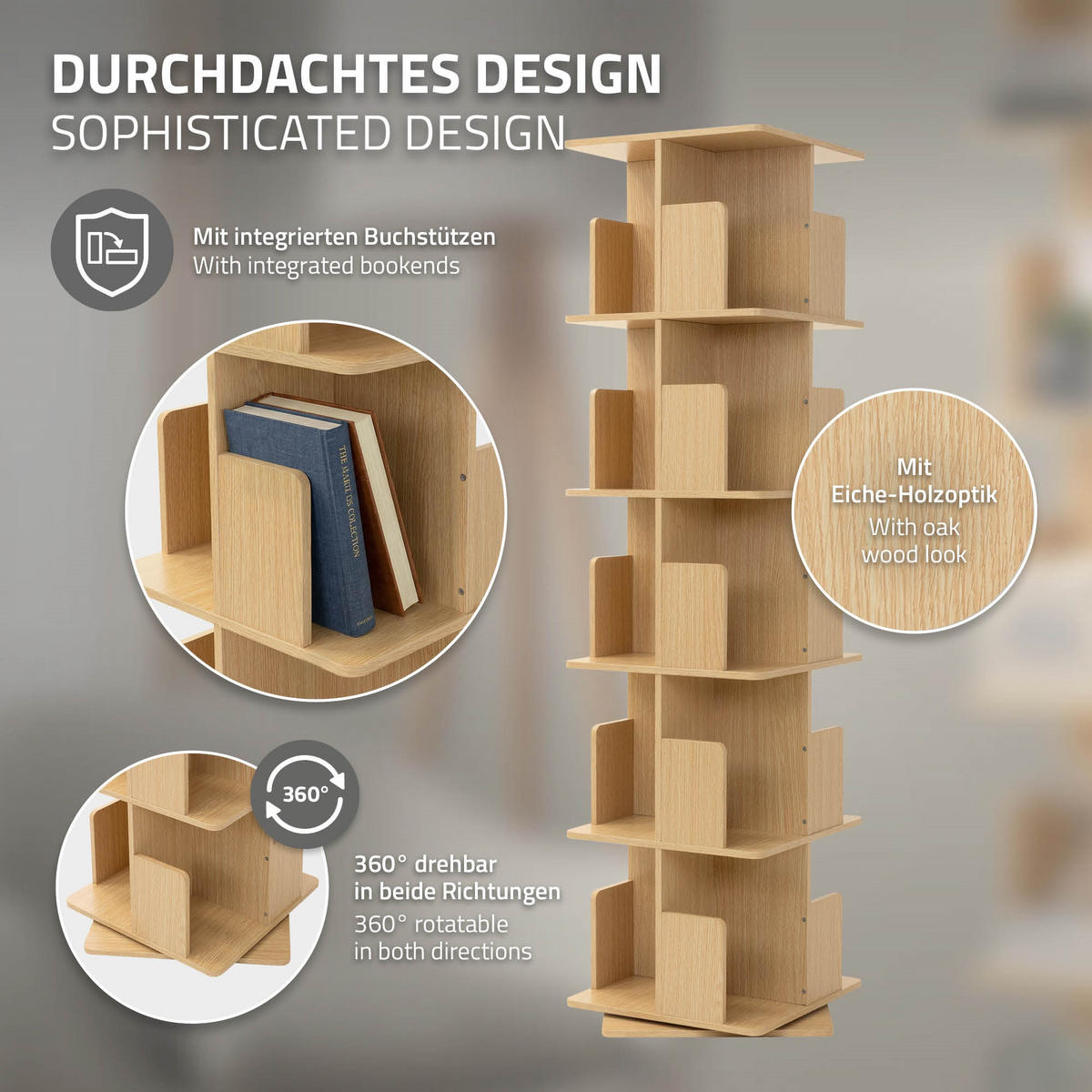 BÜCHERREGAL Kinder mit 5 Ebenen Eiche 40x155x40 cm Drehbar 360 Grad - Beige, Holzwerkstoff (40/155/40cm) - ML-DESIGN