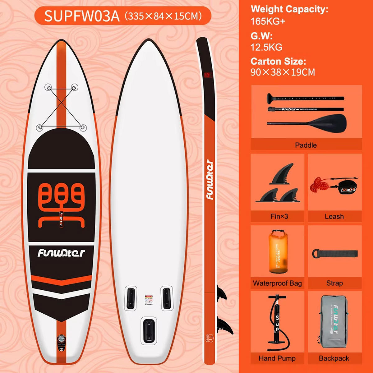 PADDLE BOARD Aufblasbar 335x84x15 cm Stand Up - Orange, Kunststoff (84/335/15cm) - Kaket