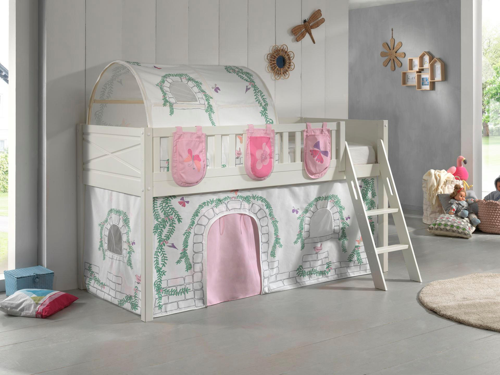 KINDERBETT Karyl 208x114x135 Massivholz Weiß Textilset Birdy 4 - Hellgrau/Weiß, Holz (90/200cm) - 58aufmkessel