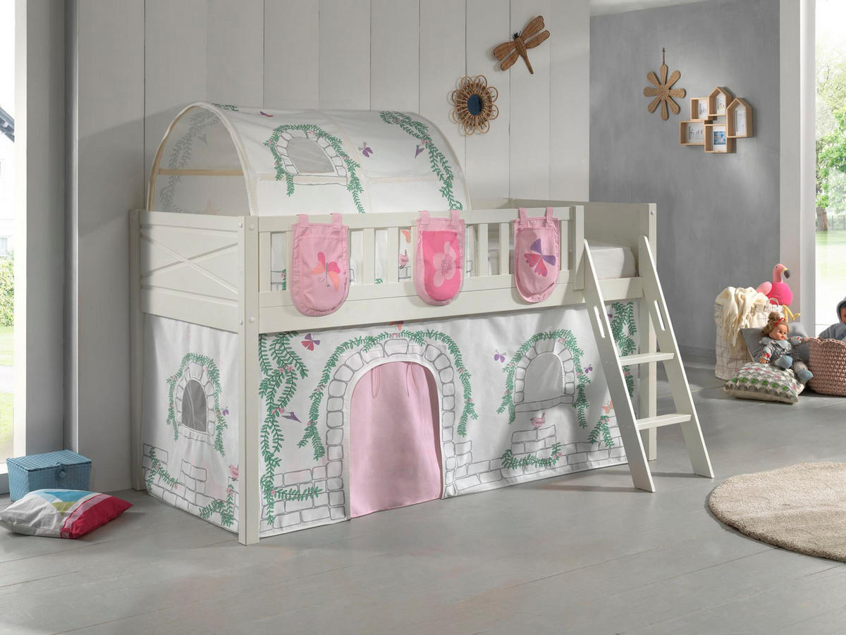 KINDERBETT Karyl 208x114x135 Massivholz Weiß Textilset Birdy 4 - Hellgrau/Weiß, Holz (90/200cm) - 58aufmkessel