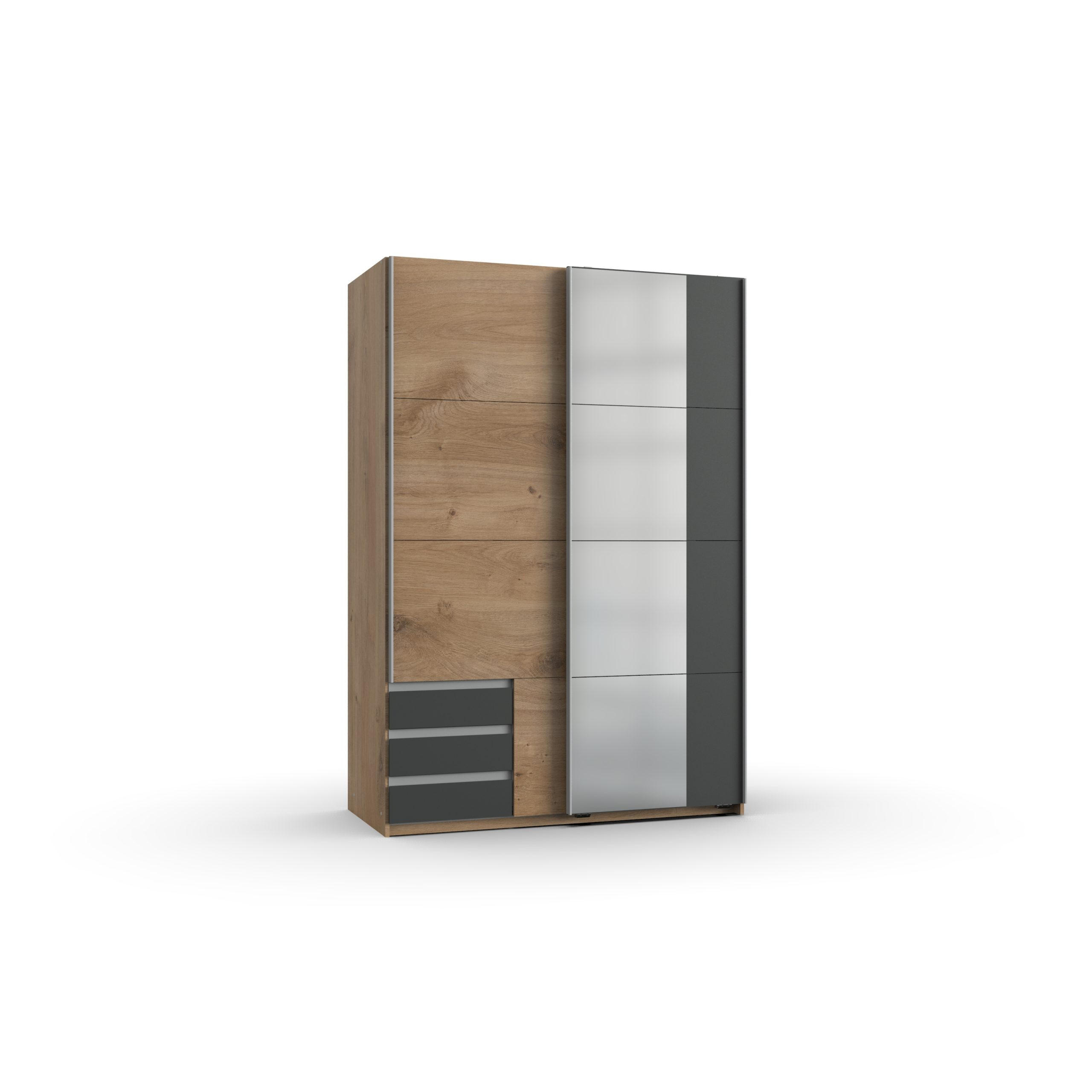 KLEIDERSCHRANK Emden in Plankeneiche mit Graphit - Schwebetürenschrank Breite 135 cm mit Spiegel - Silberfarben/Braun, Holzwerkstoff (135/198/65cm)