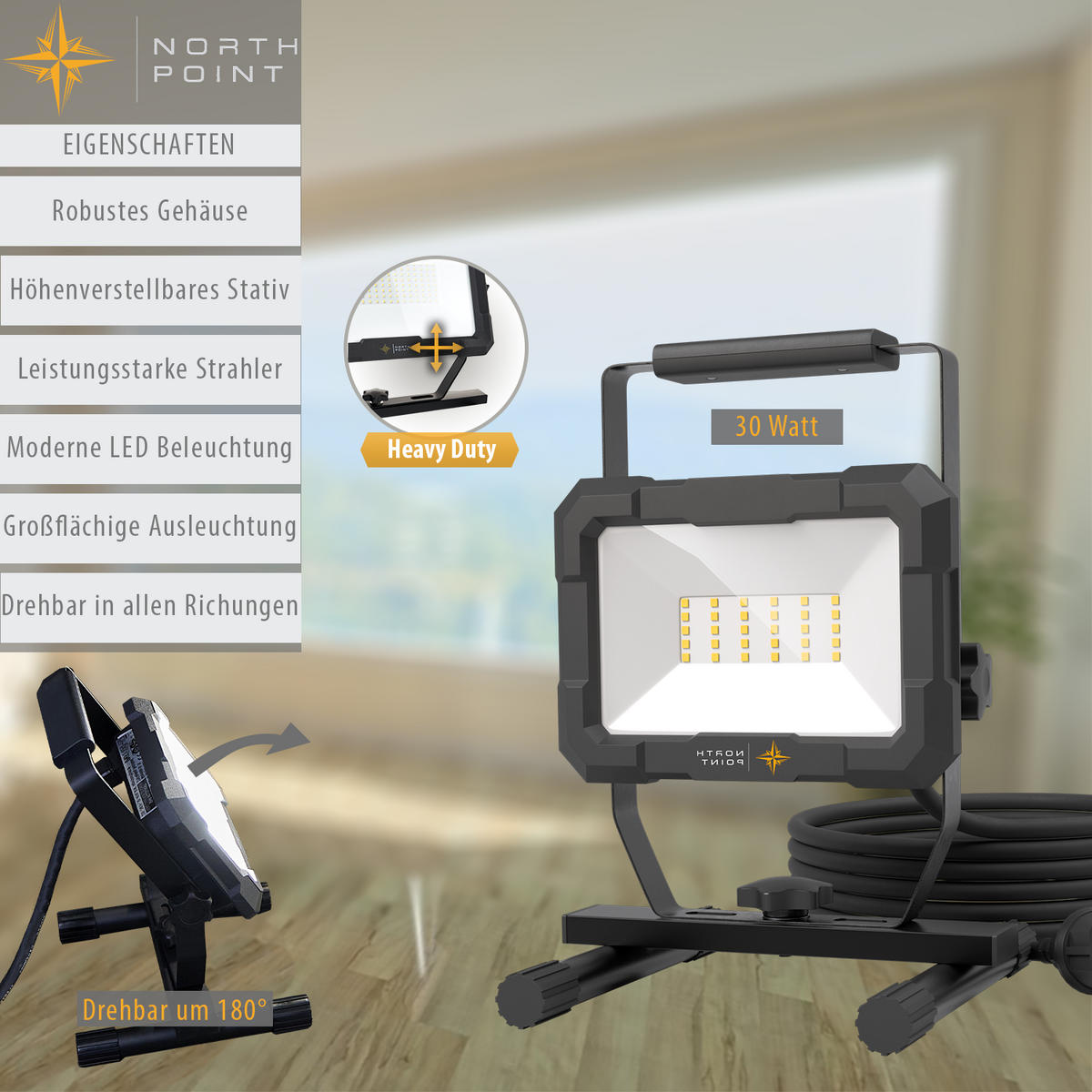 LED-BAUSTRAHLER mit Standfuß - 30W für Innen und Außen, spritzwassergeschützt, 2er-Set - Schwarz, Metall (16.3/18.4/26.1cm) - Northpoint