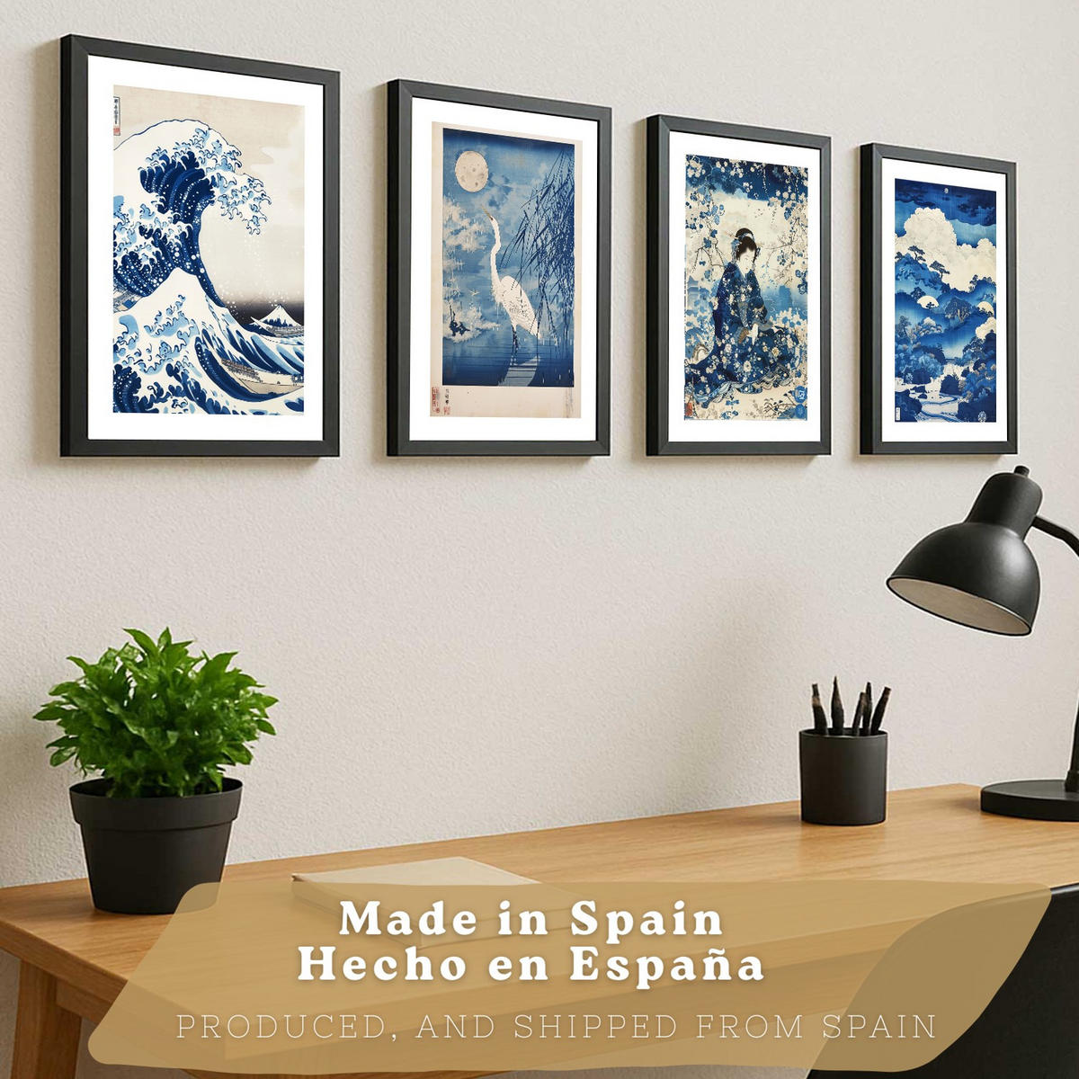 PLAKAT Sada 4 Japan Blue A3 Černý rám - černá, papír (29.7/1/42cm) - Nacnic