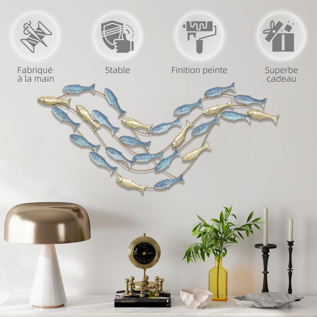WANDDEKO DE-14353 mit Fisch-Motiv aus Metall Hellblau - Hellblau, Metall (50.2/3.8/99.7cm) - ComfortXL