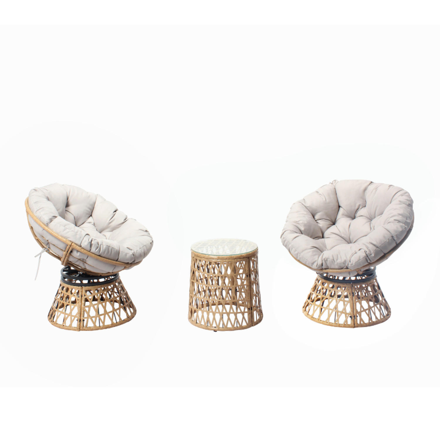 GARTENLOUNGE-SET Papasan Braune mit 2 drehbaren Sesseln und 1 Tisch - Braun, Metall - Concept Usine